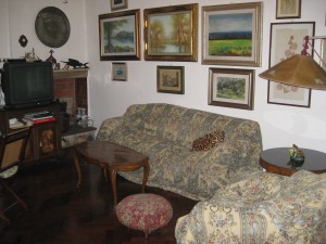 Our living room - there are two couches, a table to the left (that you can't see), a semi-functional TV, and several paintings naturally.