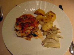 The main course was cod with clams, cabbage, and potatoes.